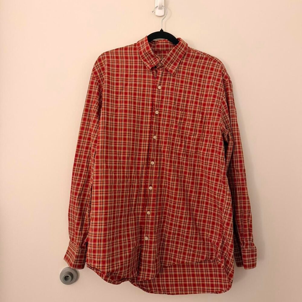 Vintage Hickey Freeman red plaid button down long sleeve collar shirt Size L